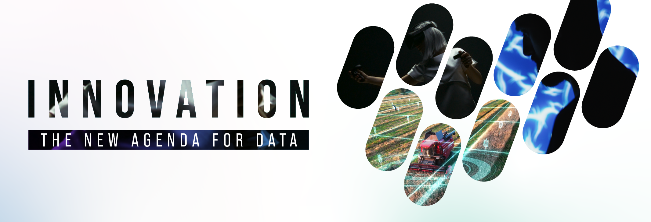 DataIQ 100 Conference. Innovation the new agenda for data, includes a graphic with bright colours and innovation in VR and agricultural images