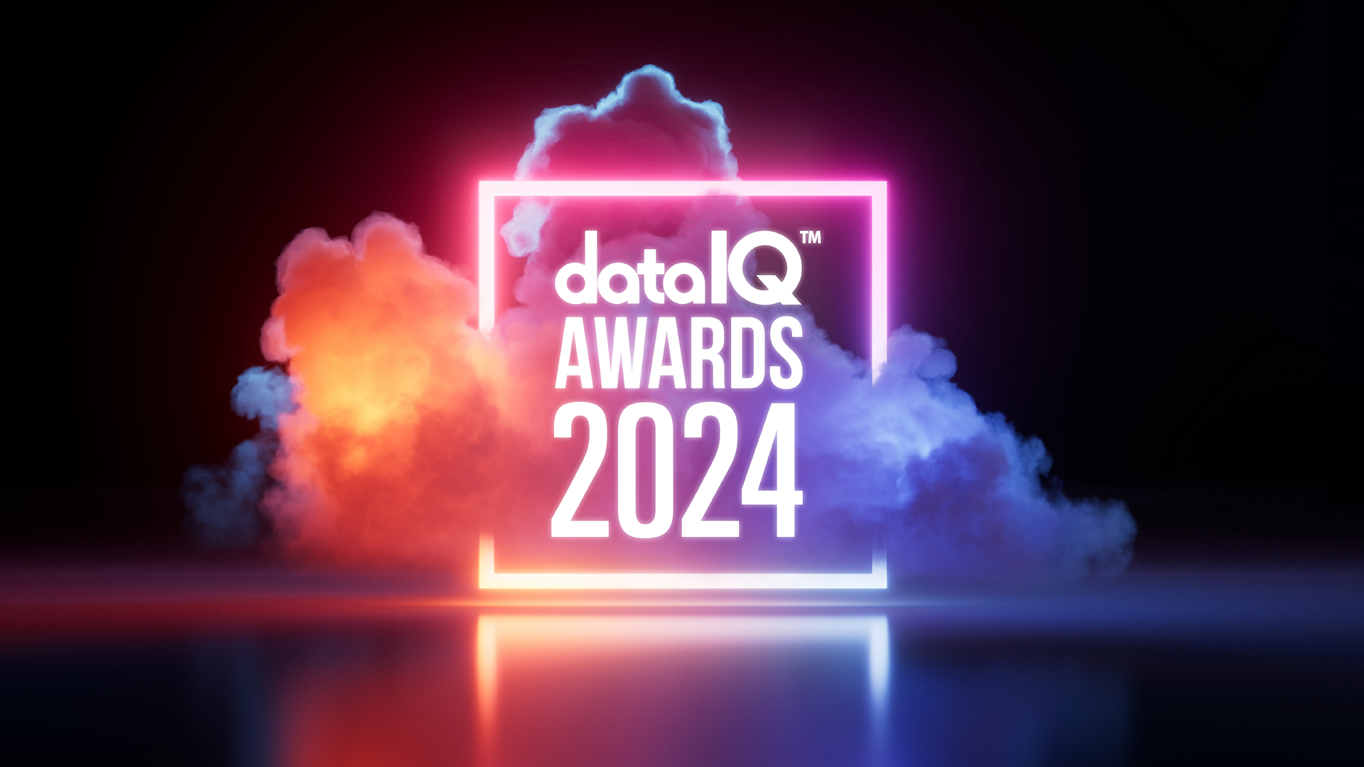 DataIQ Awards 2023 logo and artwork. The background is a dramatic shot of the DataIQ Awards logo with neon lights and smoke rising
